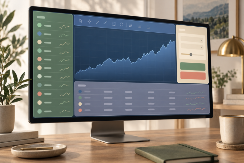 Interface de plataforma de trading com lista de ativos, gráfico, ferramentas, ordens e histórico.