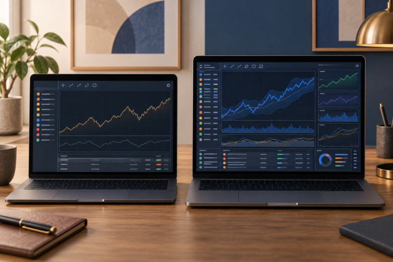 Comparação visual entre uma plataforma de trading simples e outra com mais painéis e ferramentas.
