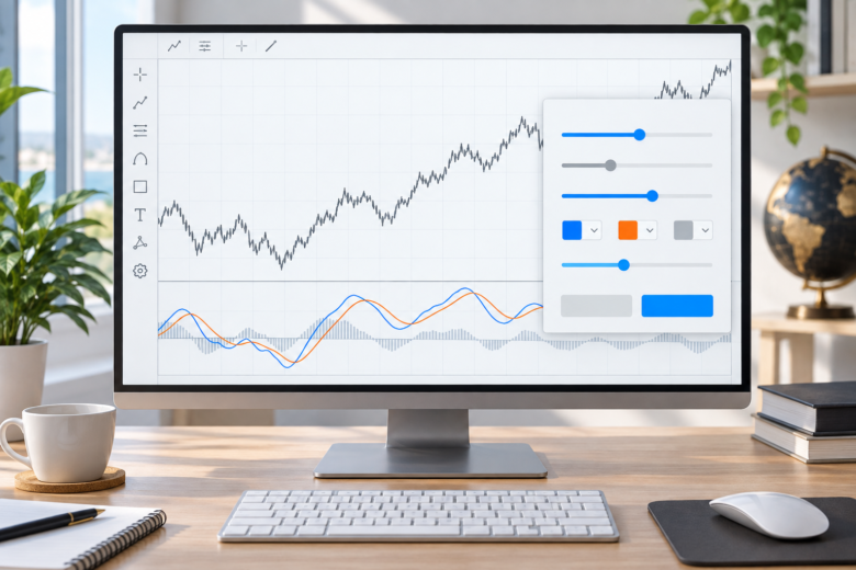Painel de configuração de indicador em plataforma gráfica com controles de período e cores.