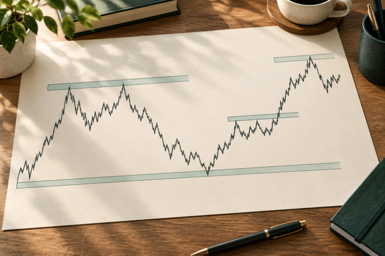 Gráfico de preço em papel mostra estrutura de mercado e zonas de reação sem indicadores adicionais.