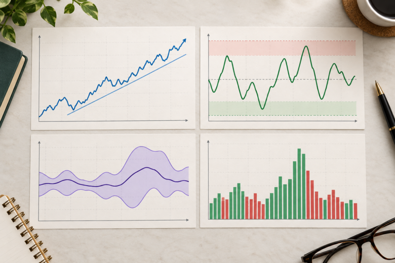 Quatro gráficos exemplificam indicadores de tendência, momentum, volatilidade e volume.
