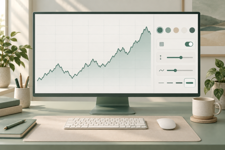 Gráfico de mercado com painel de ajustes de cores, grade, escala e espessura das linhas.