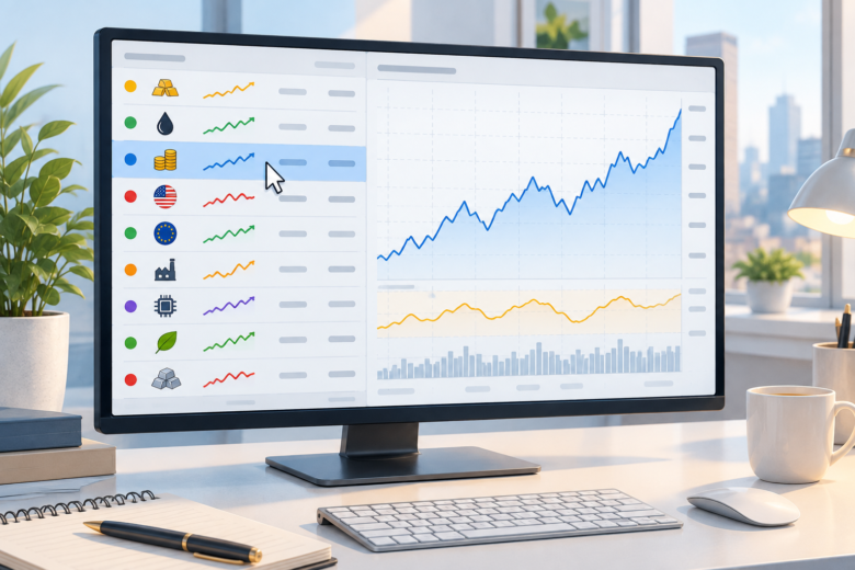 Painel de observação de mercado com lista de ativos, tendências e gráfico para análise.