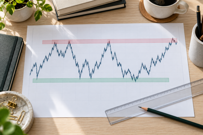 Gráfico de estudo com zonas de suporte e resistência destacadas sobre várias reações do preço.