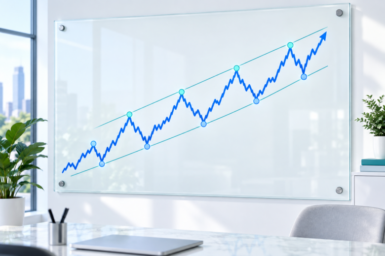 Linha de preços em tendência de alta, com máximas e mínimas ascendentes destacadas em um quadro de estudo.
