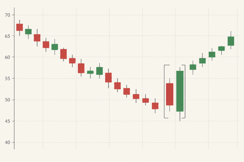 Dois candles após queda formam engolfo de alta: o corpo verde envolve todo o corpo vermelho anterior.