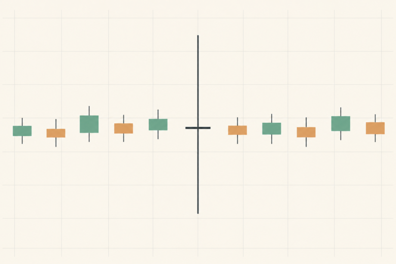 Gráfico lateral destaca candle Doji com abertura e fechamento no mesmo nível e pavios longos.