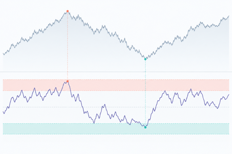 RSI oscila entre zonas superiores e inferiores destacadas, com o gráfico de preços acima para contexto.