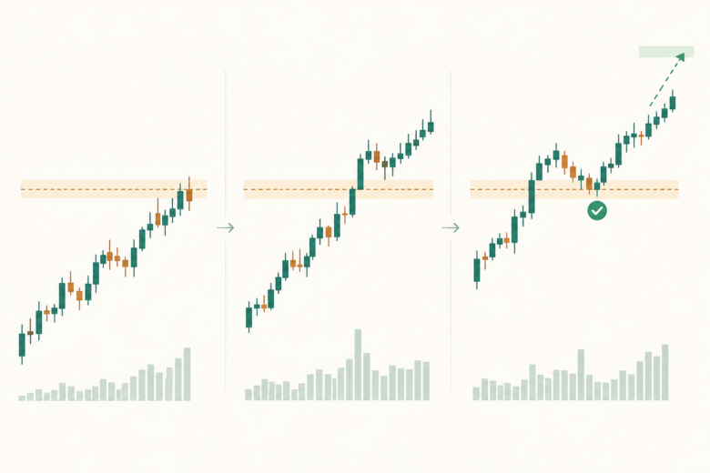 Sequência de três gráficos mostra rompimento, reteste e confirmação de entrada com Price Action.