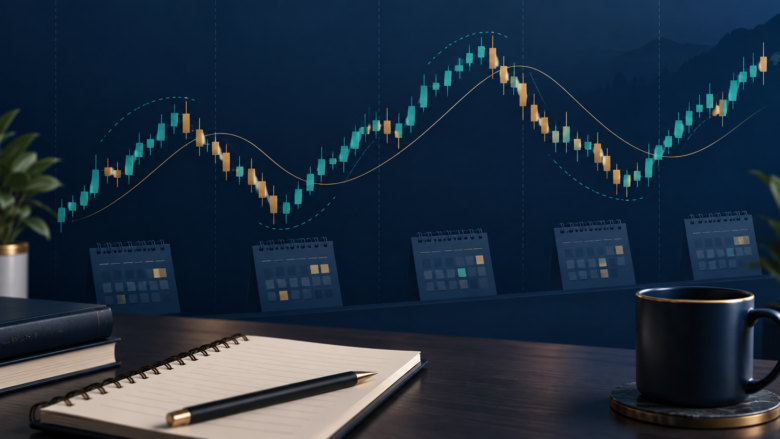 Ilustração sobre o que é swing trade, com oscilações de preço ao longo de dias e semanas.
